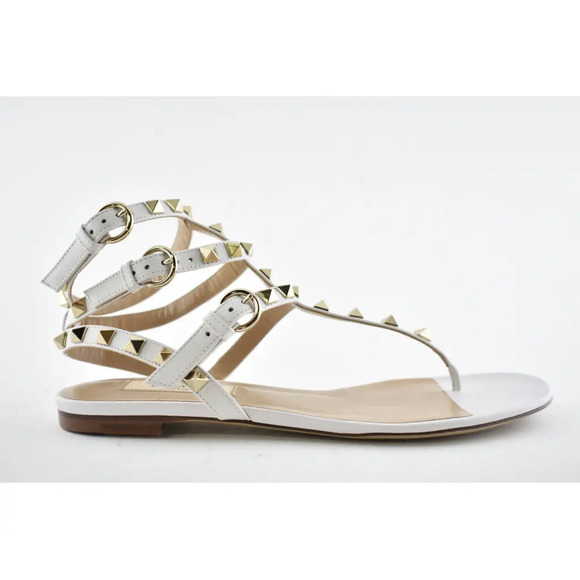 Valentino Rockstud White Leather Triple Ankle Strap Gladiator Flat Sandal 35.5 - Picture 2 of 12